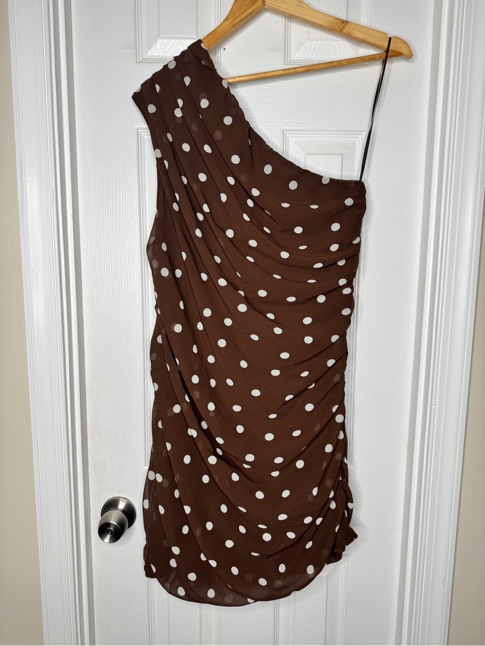 Abercrombie and Fitch One-Shoulder Brown Polka Dot Dress Size Large - Picture 3 of 7